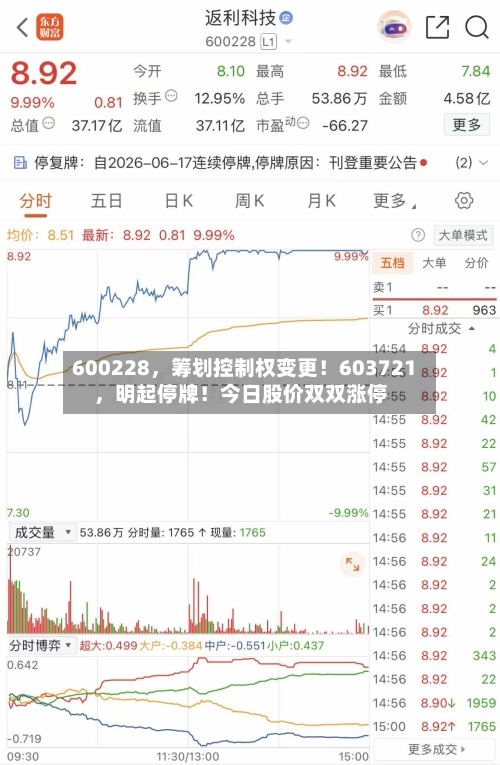 600228	，筹划控制权变更！603721，明起停牌！今日股价双双涨停-第2张图片